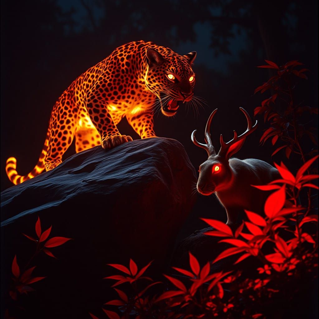 Majestic Fire Leopard Roars with Intensity in Dark Jungle
