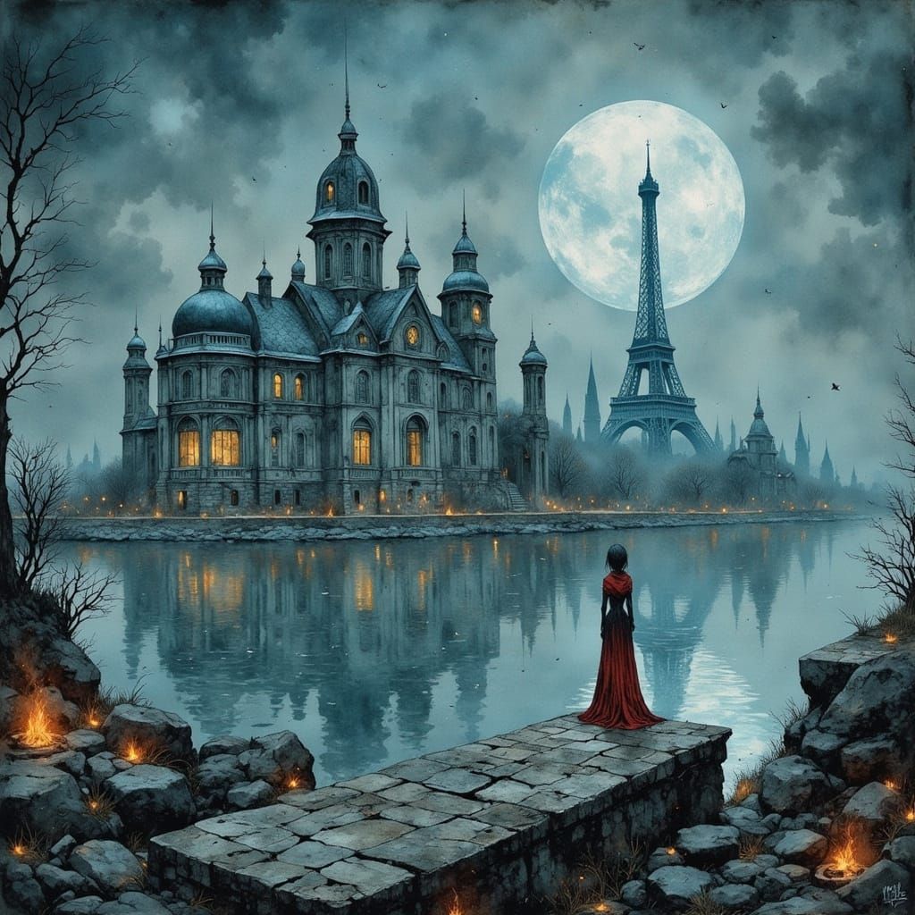 Eiffel Tower Flames Surround Woman on Island