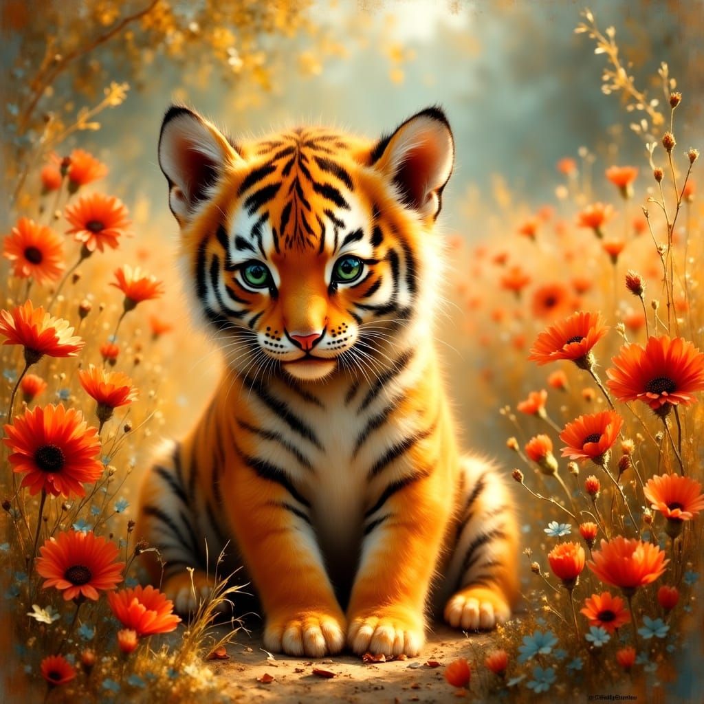 Cute Baby Tiger Amidst Red Puppies in Whimsical Style