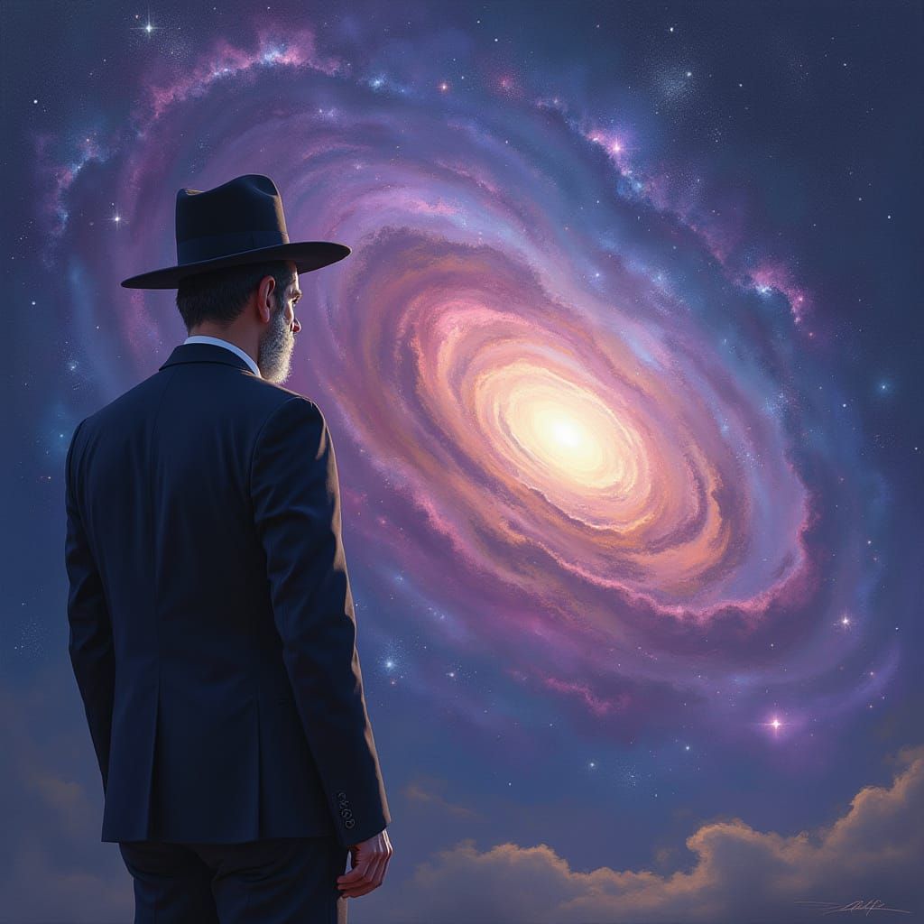 Mystical Hasidic Jew Contemplates Cosmic Nebula in Vibrant H...