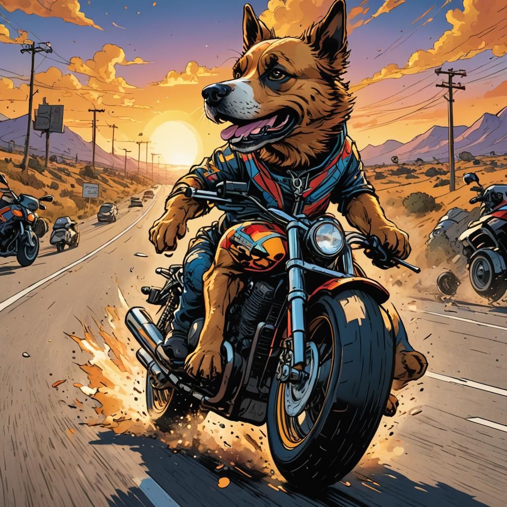 Dog Rides Motorbike in Vibrant Comic Art