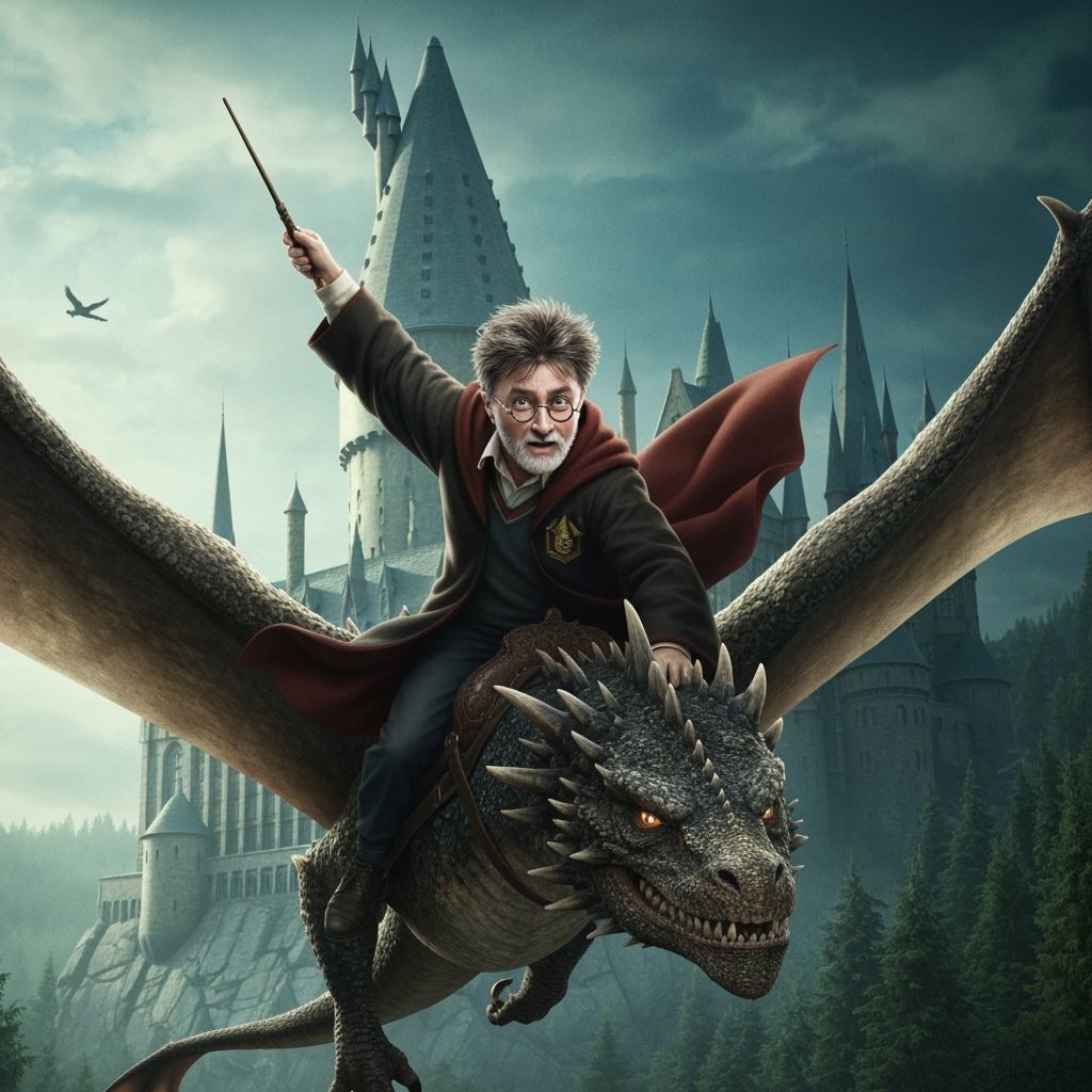 Elderly Harry Potter Rides a Dragon Above Hogwarts
