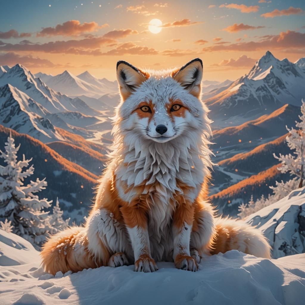 Snow Fox on Snowy Mountain in Fantasy Style
