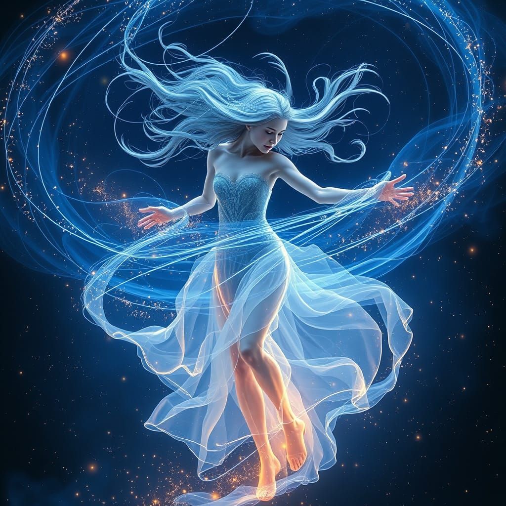 Ethereal Goddess Embodies Cosmic Energy in Iridescent Dance