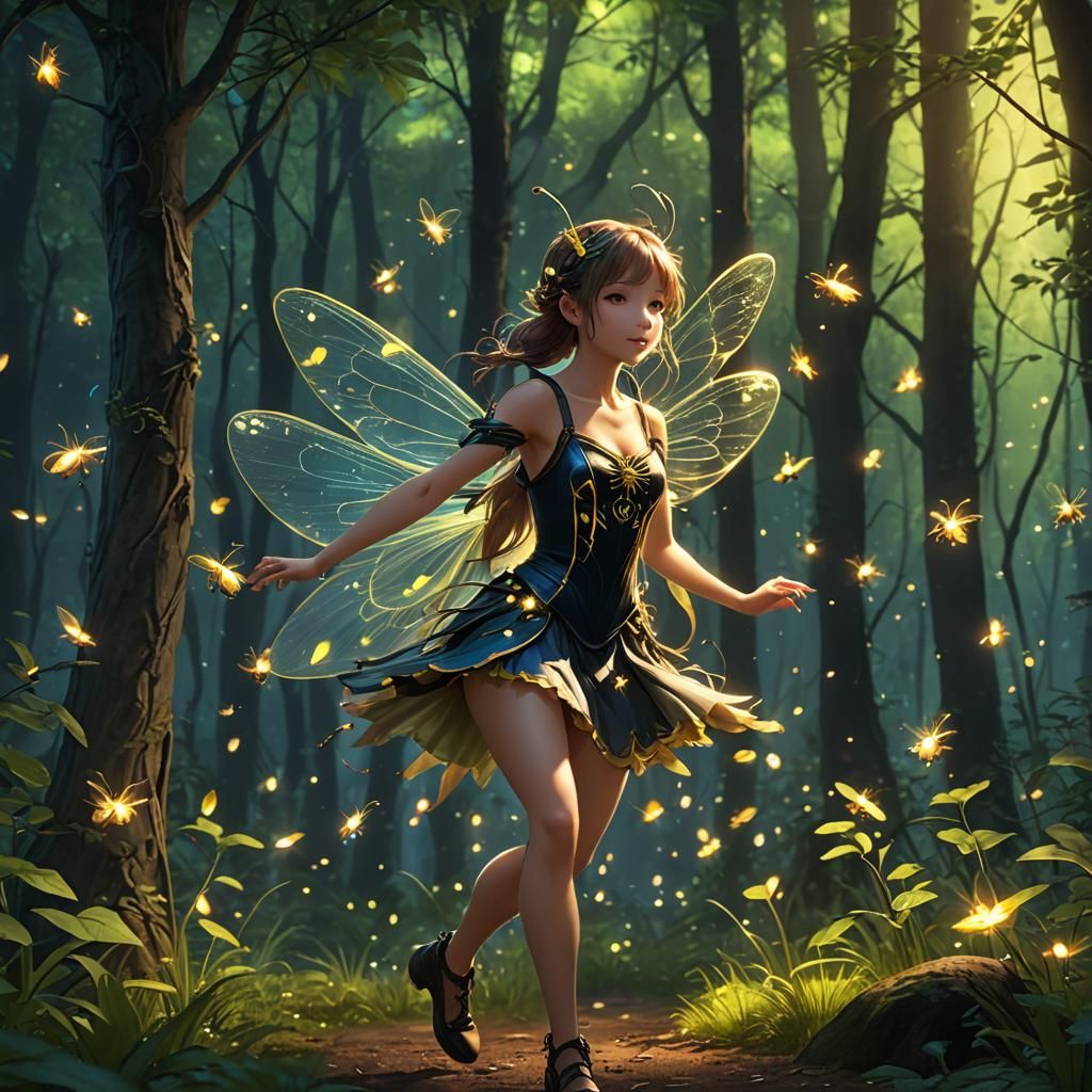 Woodland Fairy Dance with Fireflies in 3D Anime Art