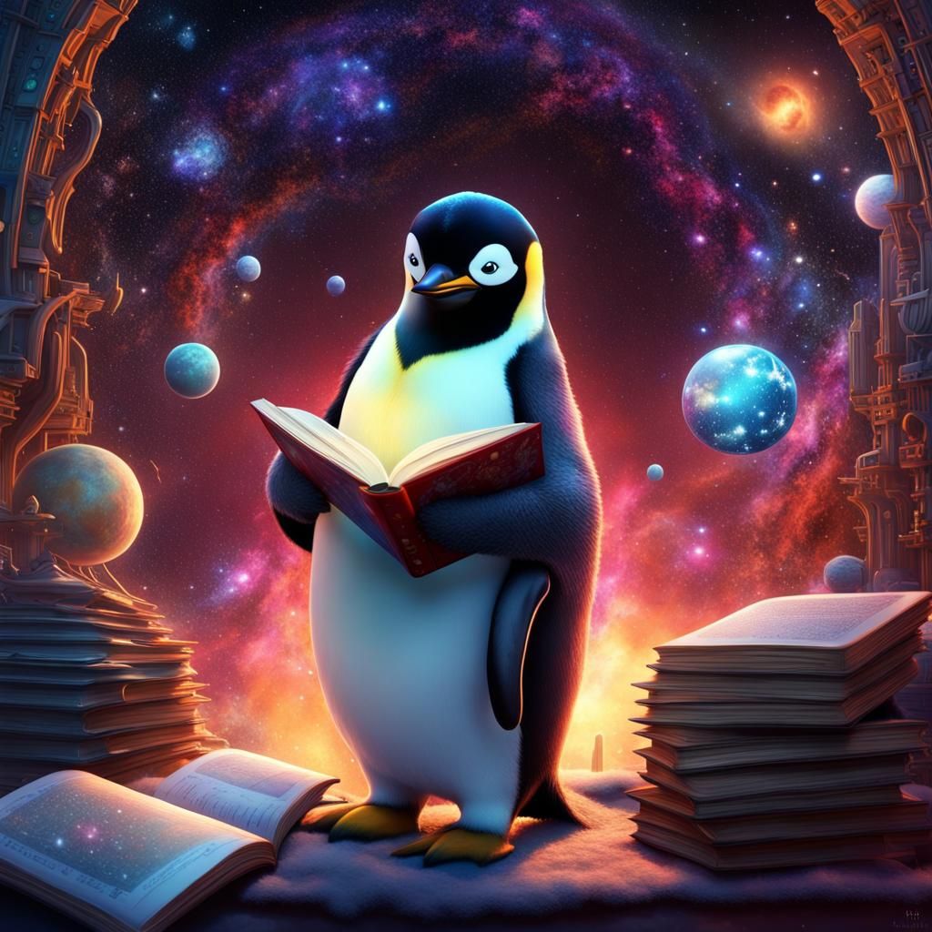 Intergalactic Emperor Penguin Reads a Cosmic Book