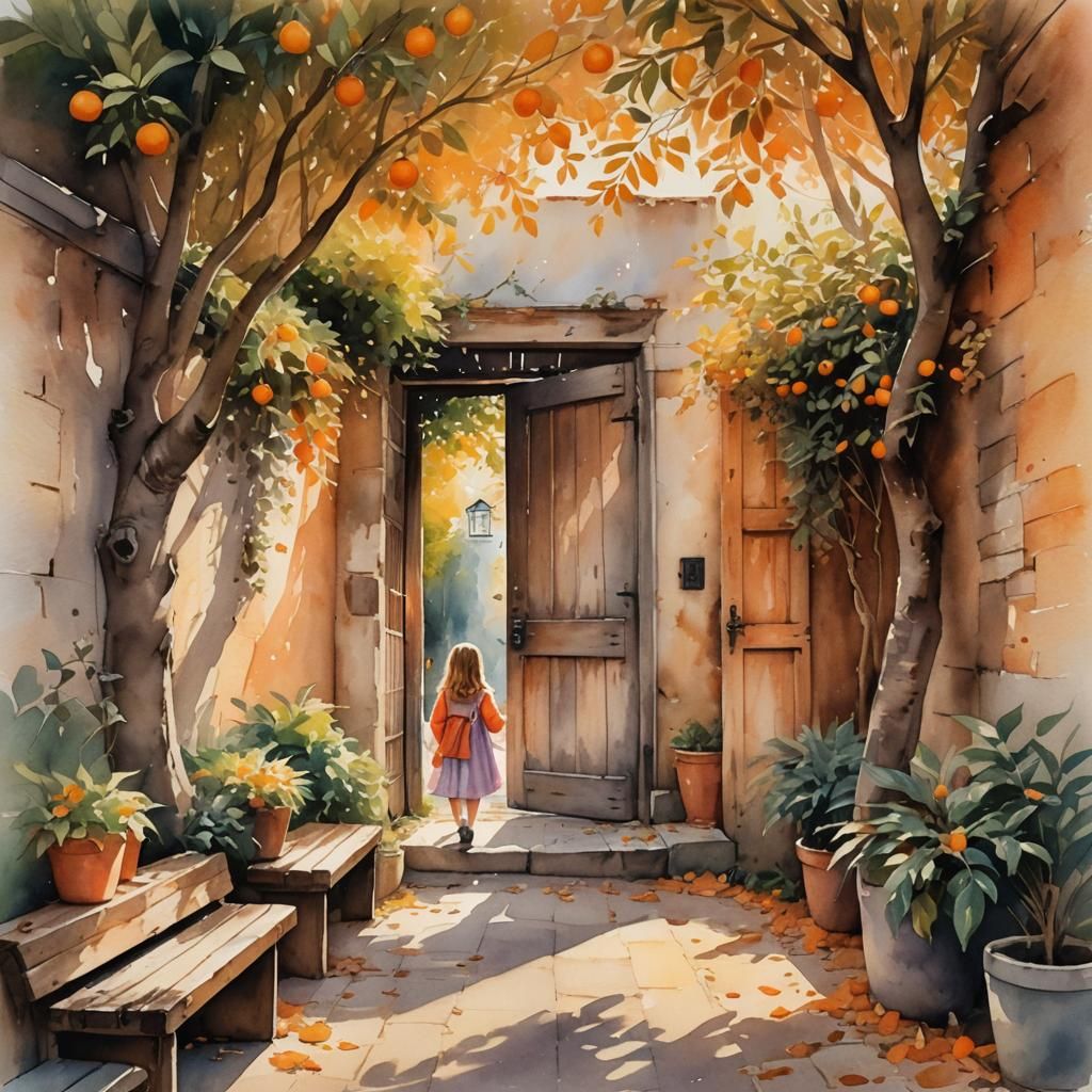 Girl in Orange Grove: Impressionist Watercolor Scene