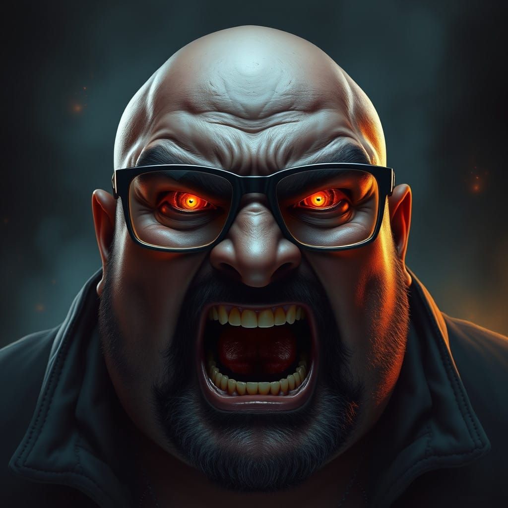 Angry, Bald, Dark-Skinned Male with a Beard and Glasses in a...