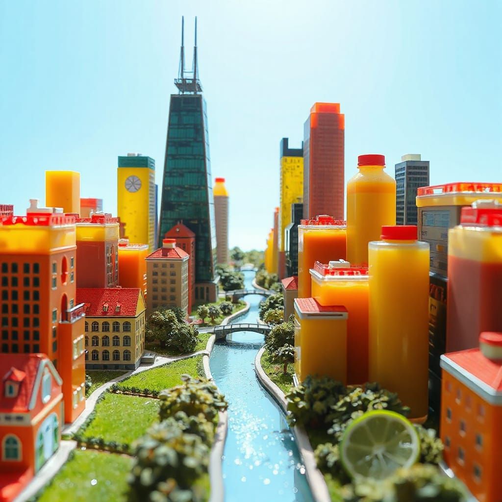 Vibrant Fruit Juice City Skyline in Photorealistic Macro Vie...