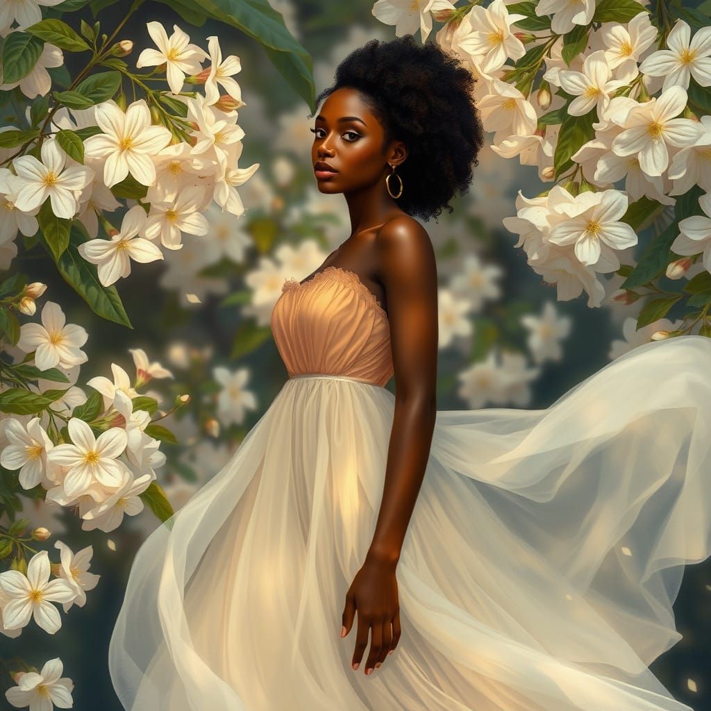 African American Woman in Jasmine Garden, Digital Illustrati...
