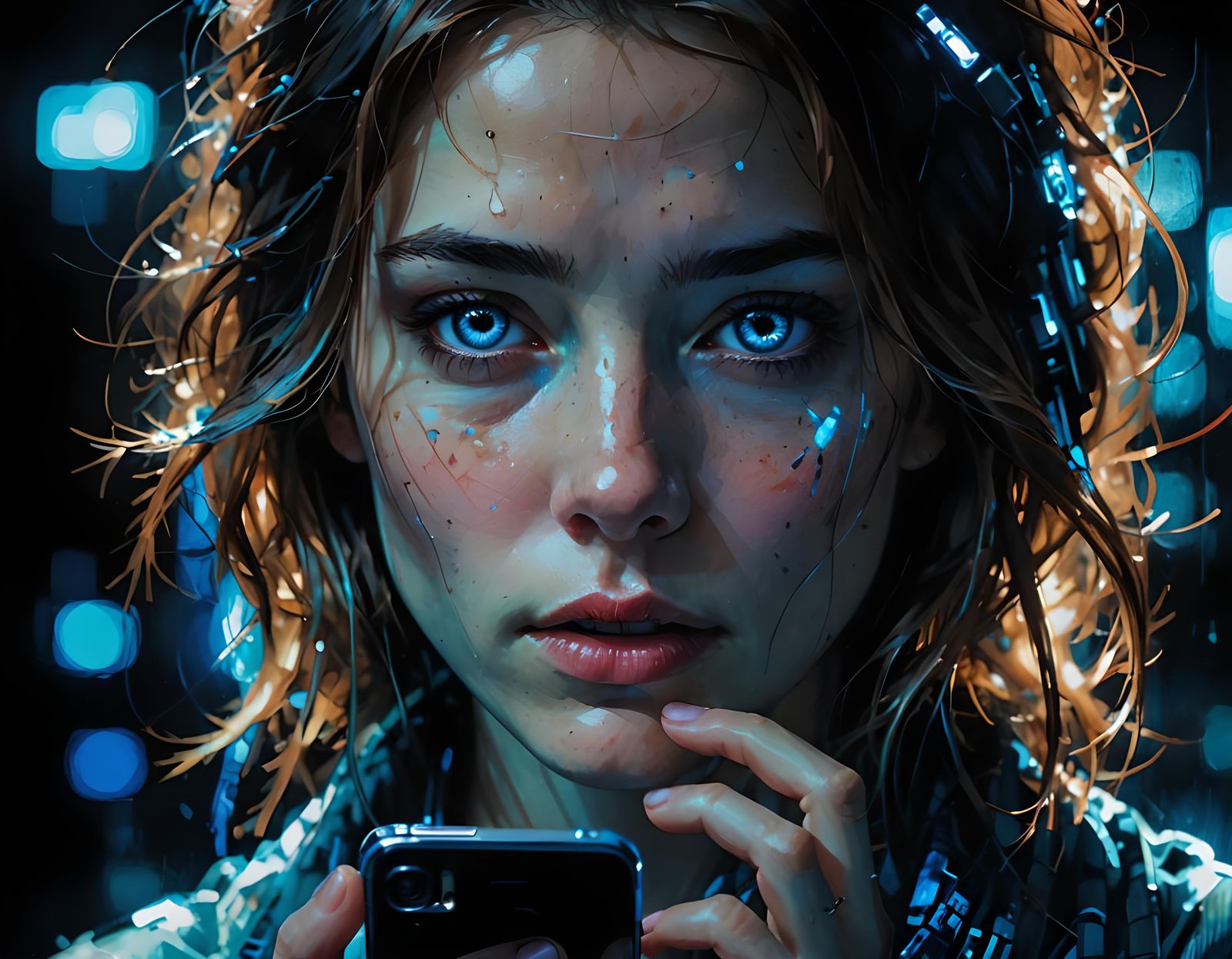 Woman's Face Lit by Phone: Modern Digital Art