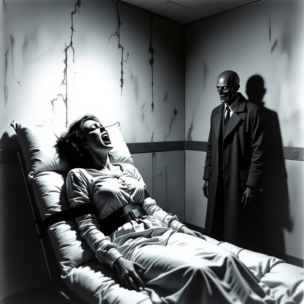 Nightmarish Asylum Scene in H.R. Giger Biomechanical Style