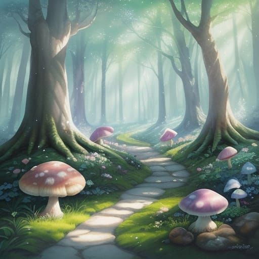 Smurfs Tending Giant Glowing Mushrooms in Whimsical Glade