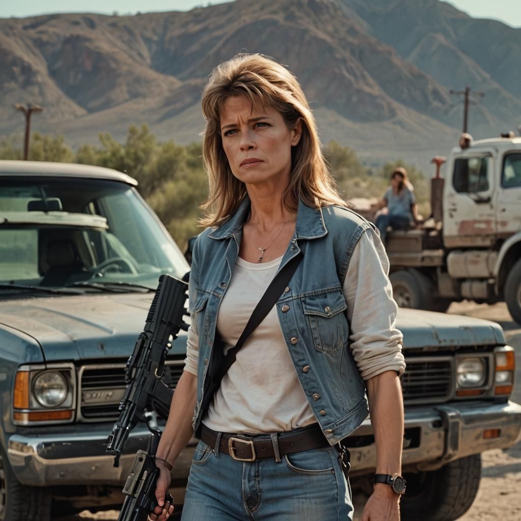 Cinematic Film Still: Woman with AK-47 and Truck