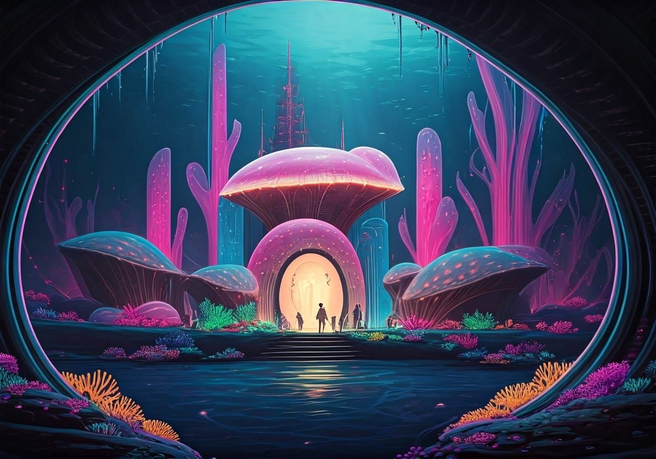 Bioluminescent Humanoids in a Neon Underwater Metropolis