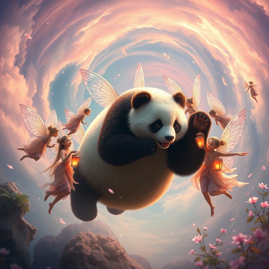 Delicate Fairies Struggle to Lift a Giant Panda in a Vibrant...