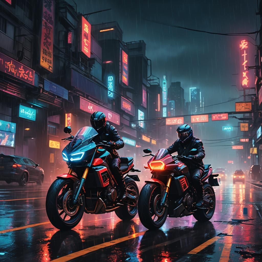 Neon-Lit Motorcycle Ride on a Rainy Night