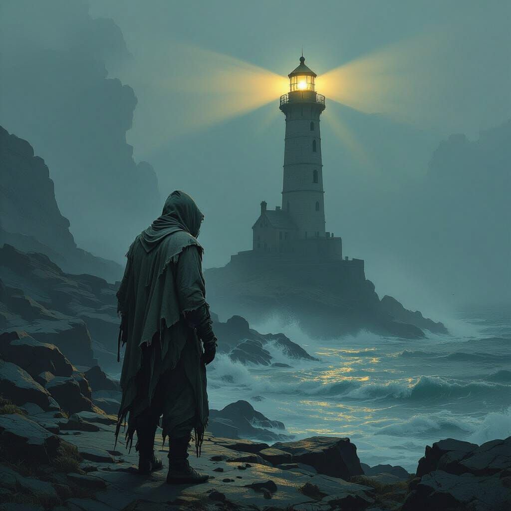 Shipwrecked Sailor and Lighthouse in Painterly Style
