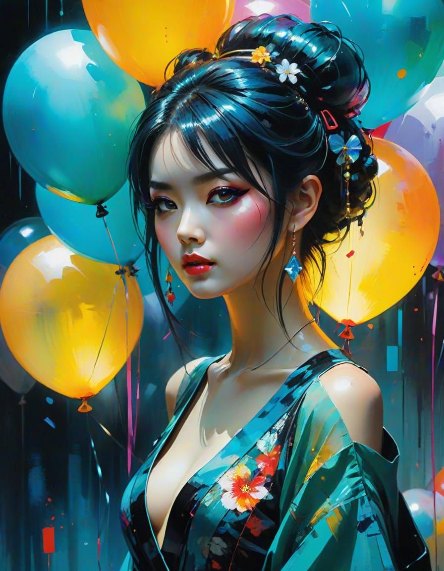 Gothic Cyberpunk Geisha with Bioluminescent Balloons