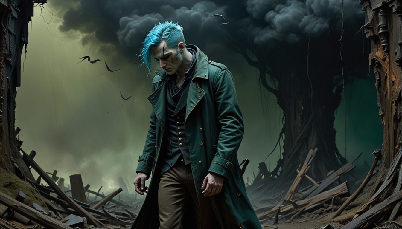 Gothic Horror Scene with Twisted Shadows and Iridescent Hair