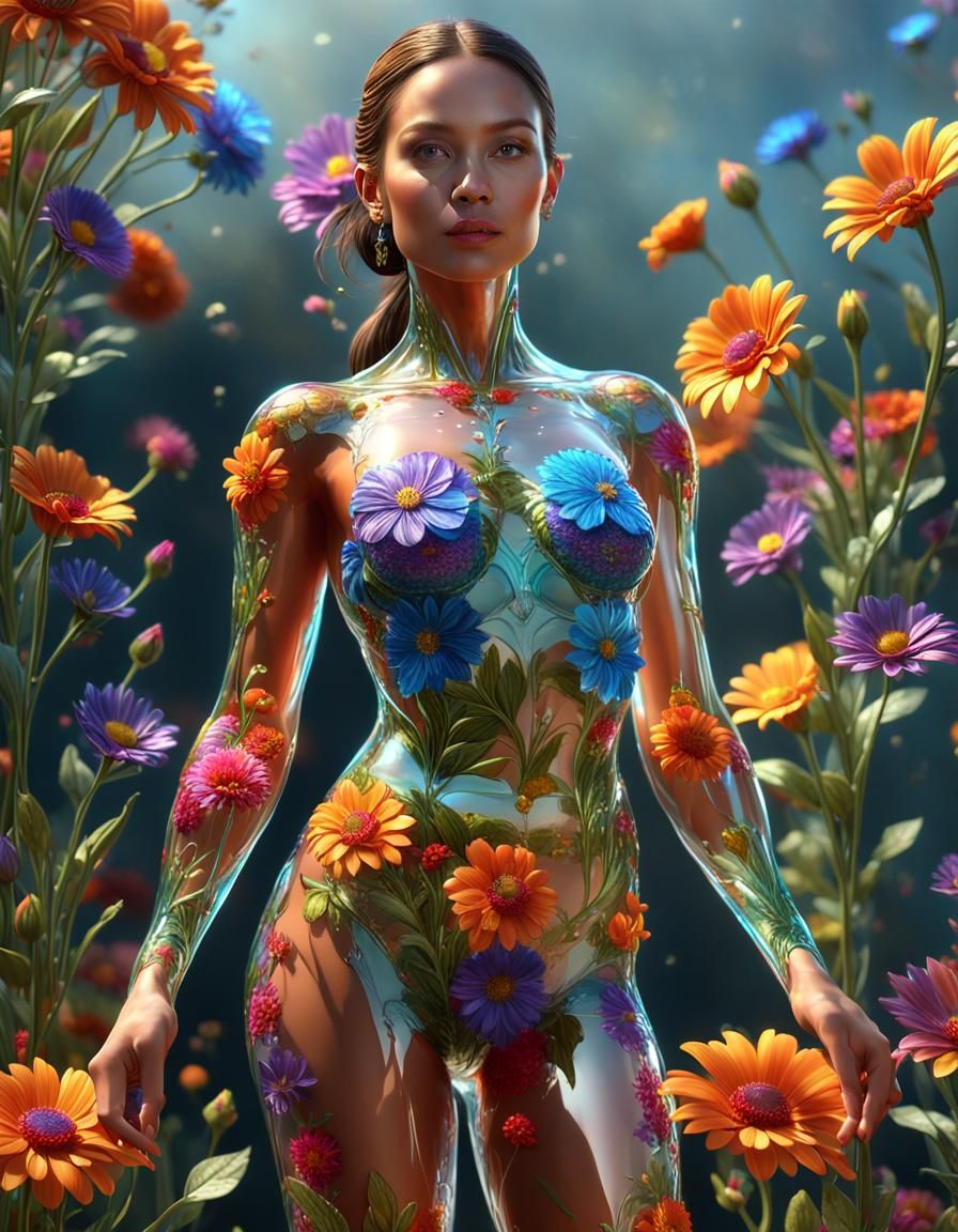 Transparent Glass Skin Woman with Flowers