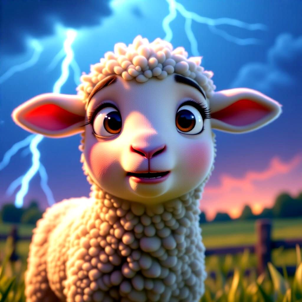 Nervous Lamb in Thunderstorm: Pixar-style 3D Art