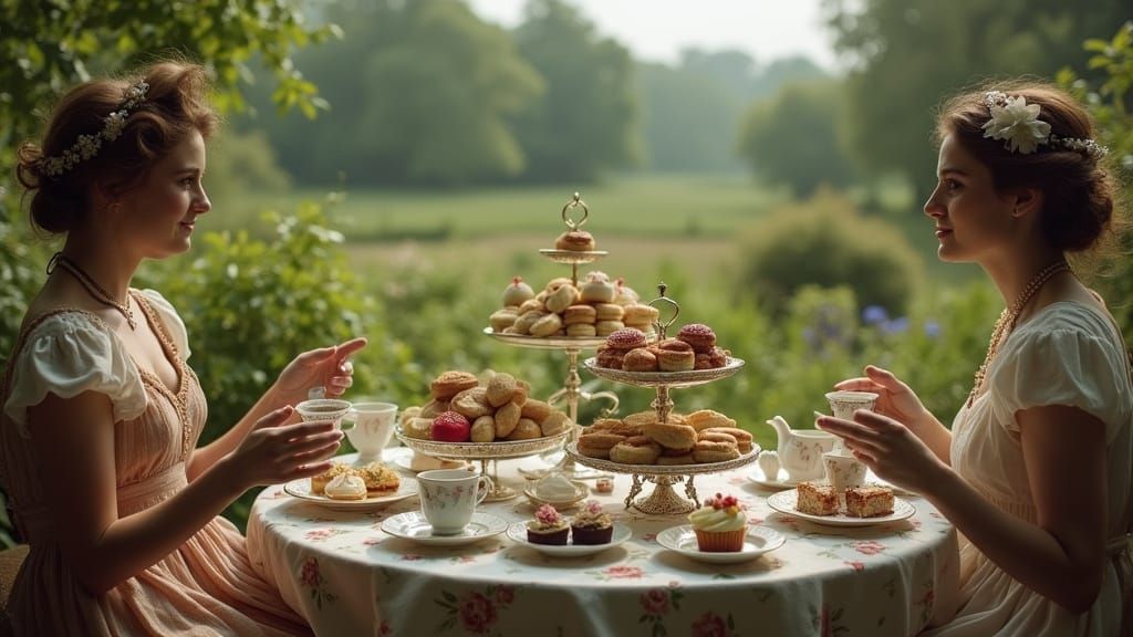 Elegant Countryside Tea Party with Hyperrealistic Pastries