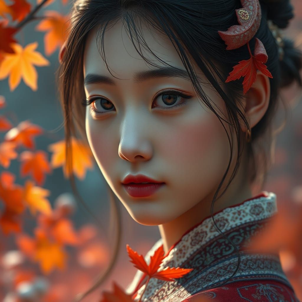 Korean Girl Portrait in Autumn Valley, Detailed Painting