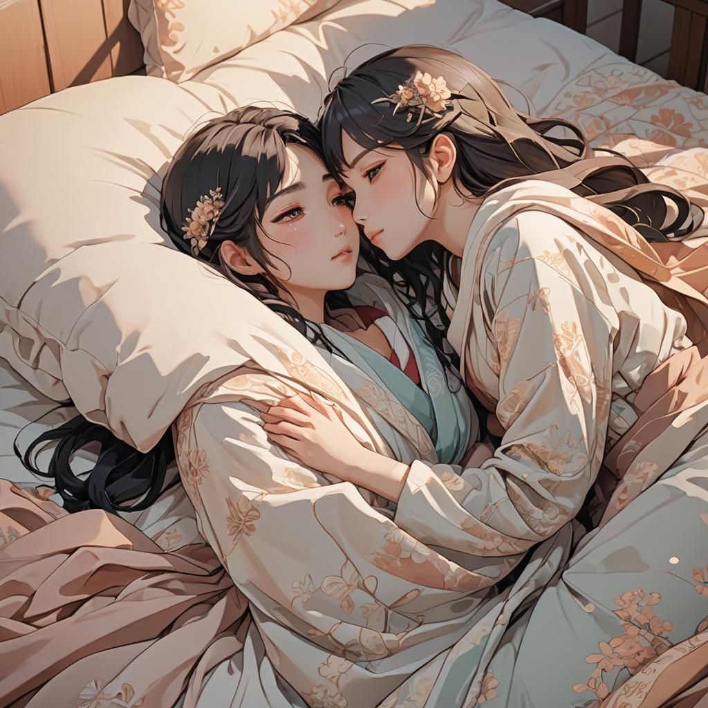 Anime Girls Kissing in Bed: Intimate 3D Art