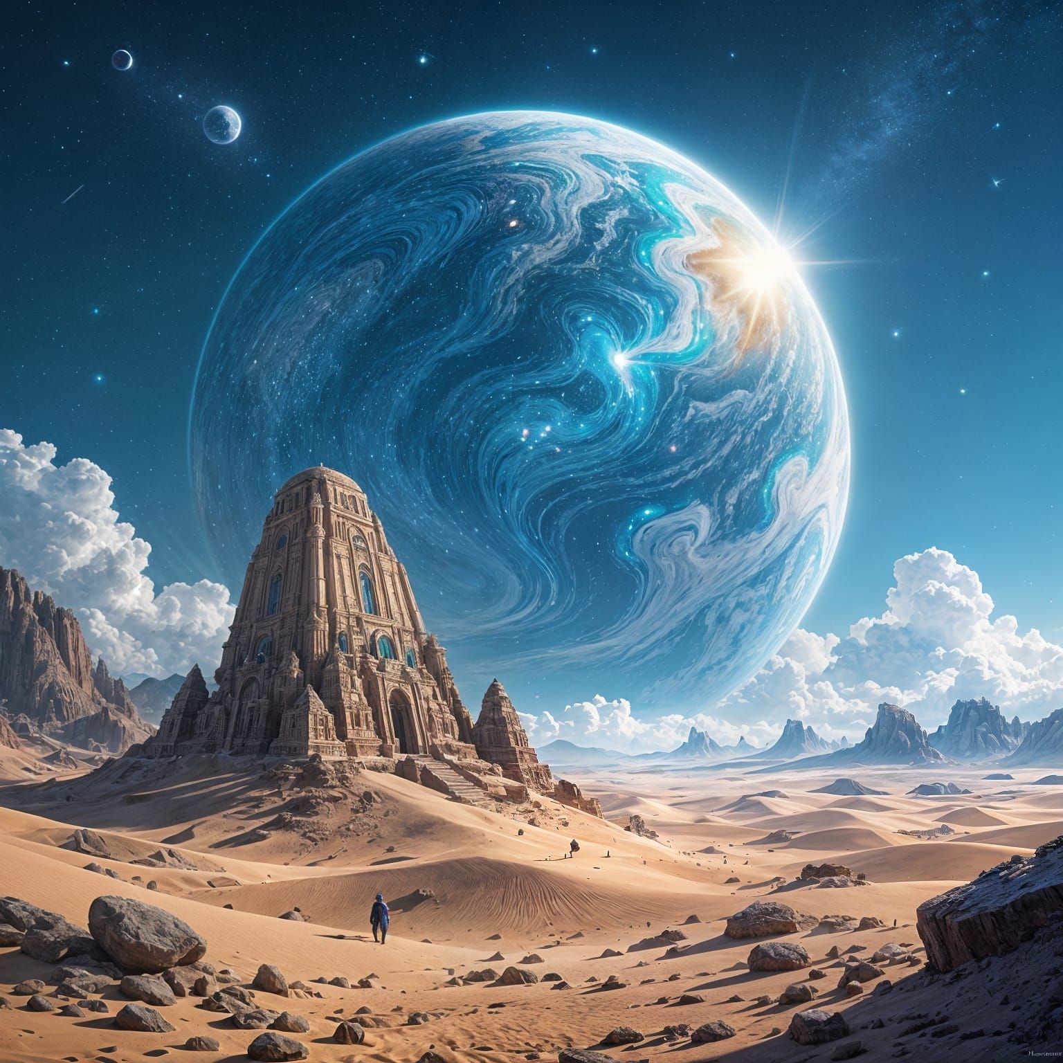 Crystal Desert Planet Rise in Ethereal Fantasy Style