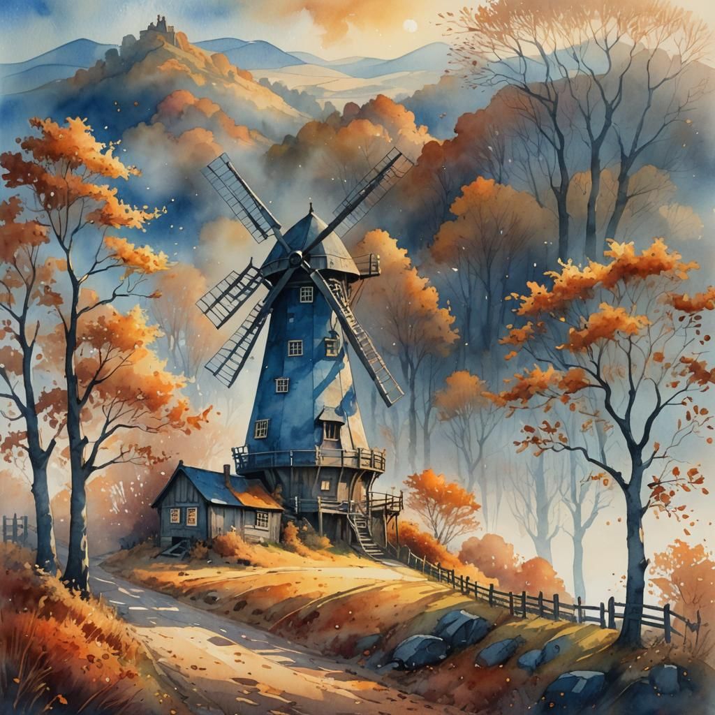 Autumn Windmill in Golden Light: Watercolour Art