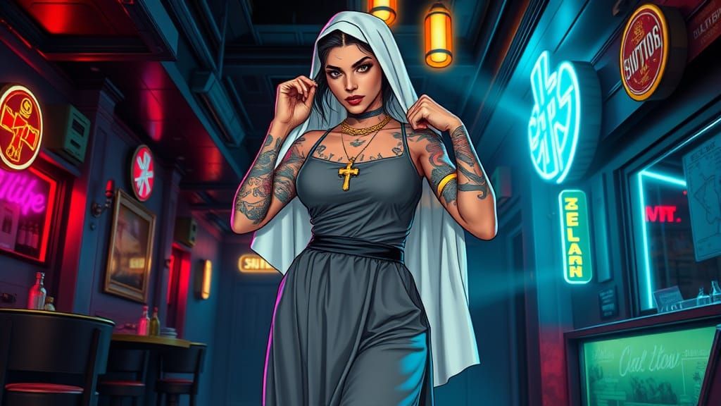 Tattooed Nun in Nightclub, Comic Book Art Style