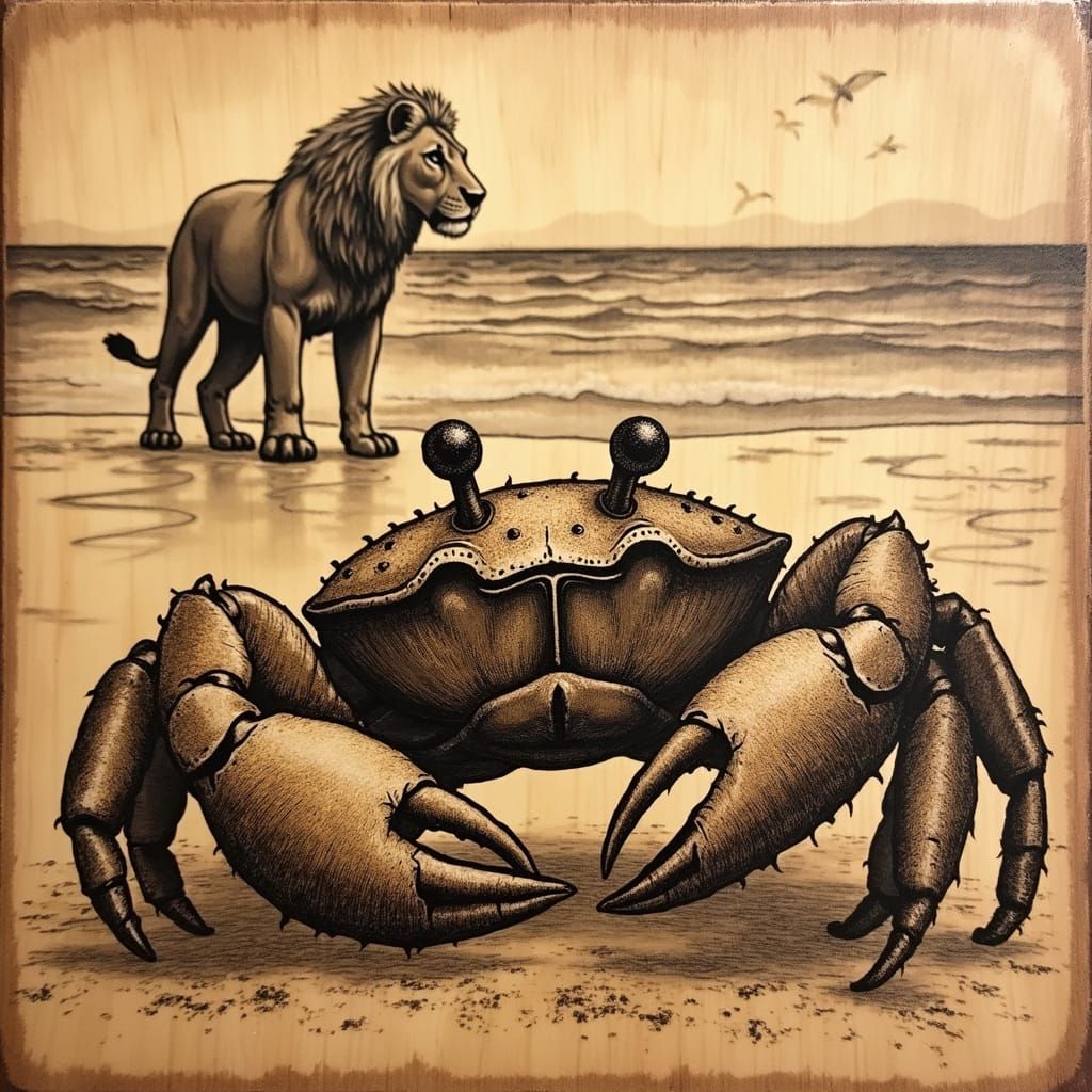 Wood Grain Outline of a Crab's Face with a Lion in the Dista...