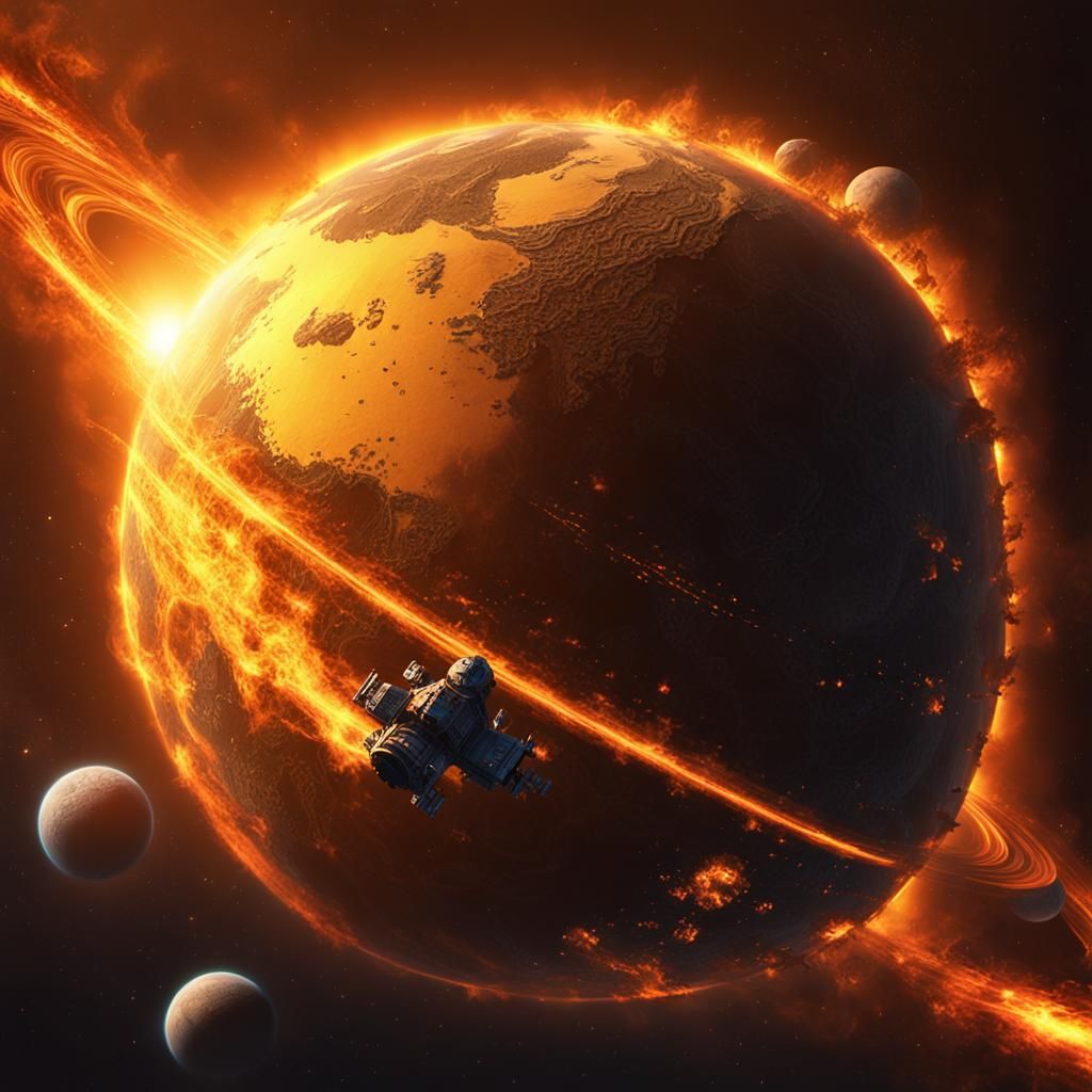 Inferno Planet with Space Station, Fantasy Art