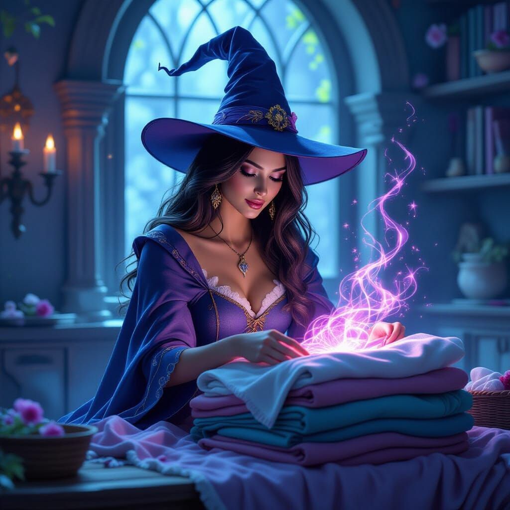 Witch Folding Laundry with Ethereal Magic