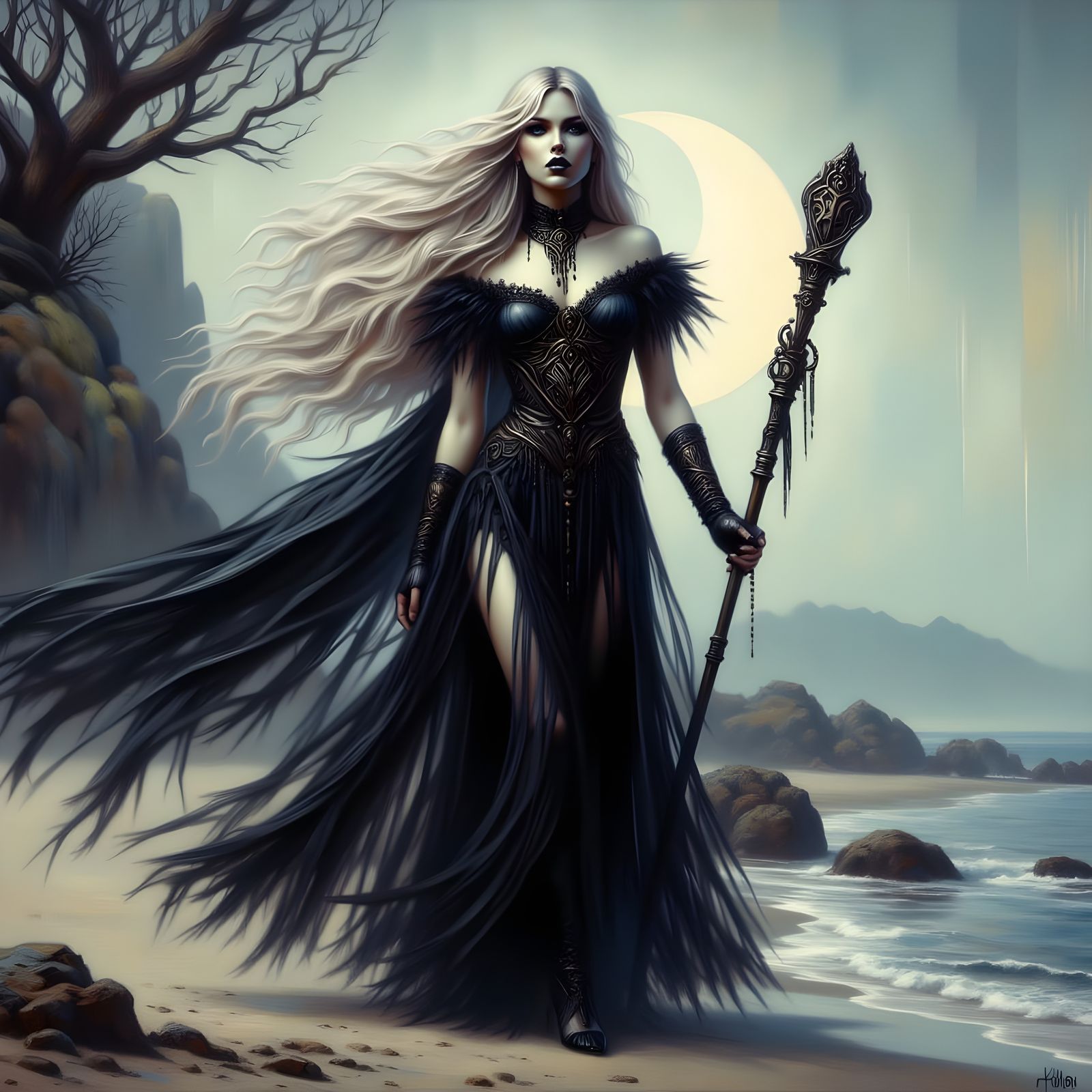 Romantic Gothic Norse Goddess Walks the Haunting Beach