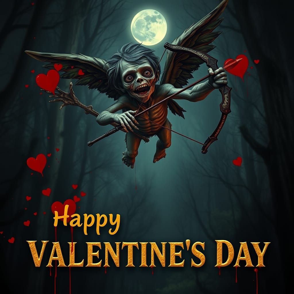 Grotesque Zombie Cupid in Dark, Moonlit Forest