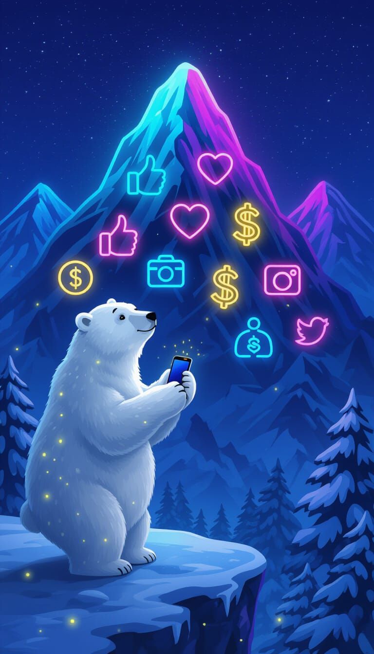 Polar Bear with Smartphone Views Neon Mountain