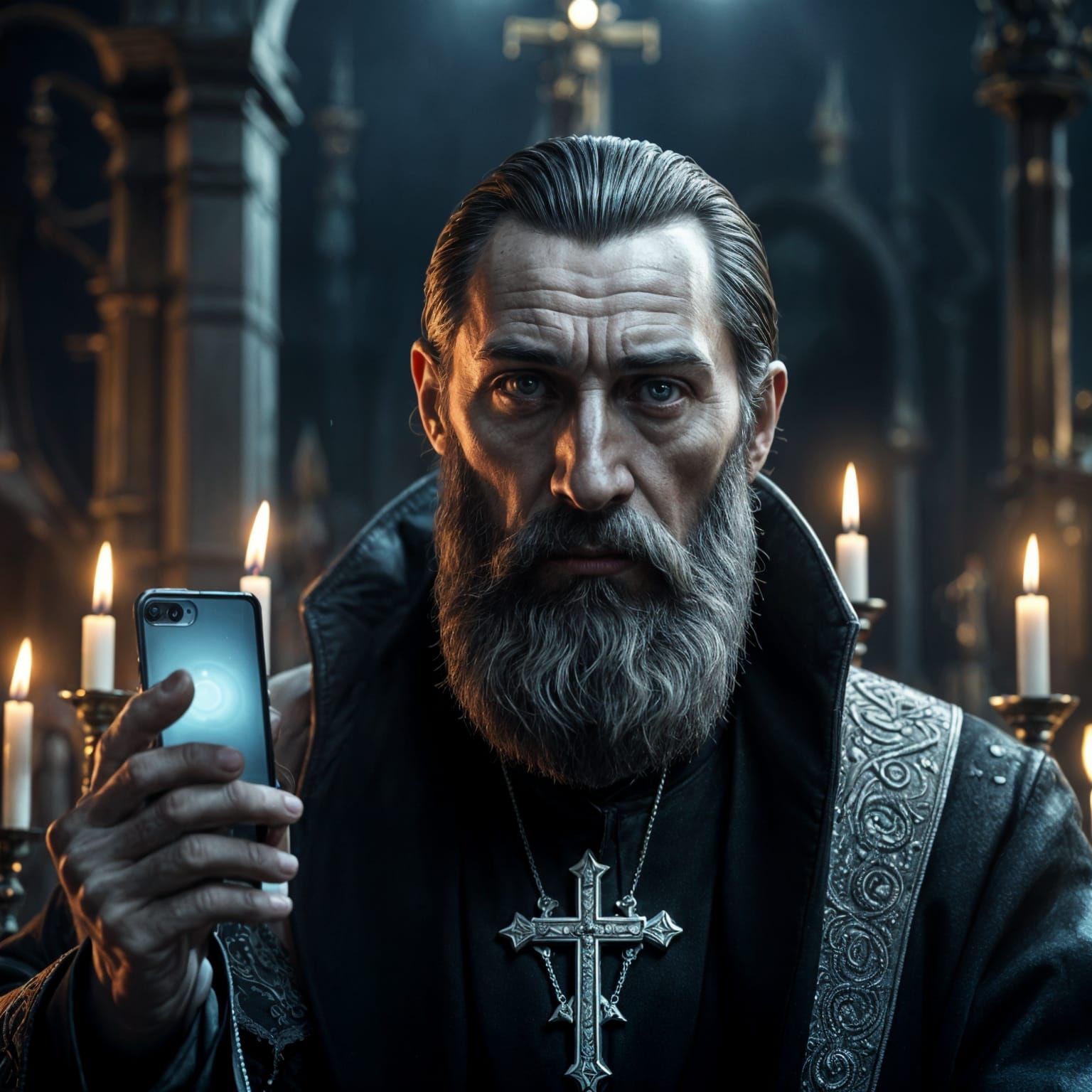 Hyperrealistic Portrait of Rasputin with Smartphone