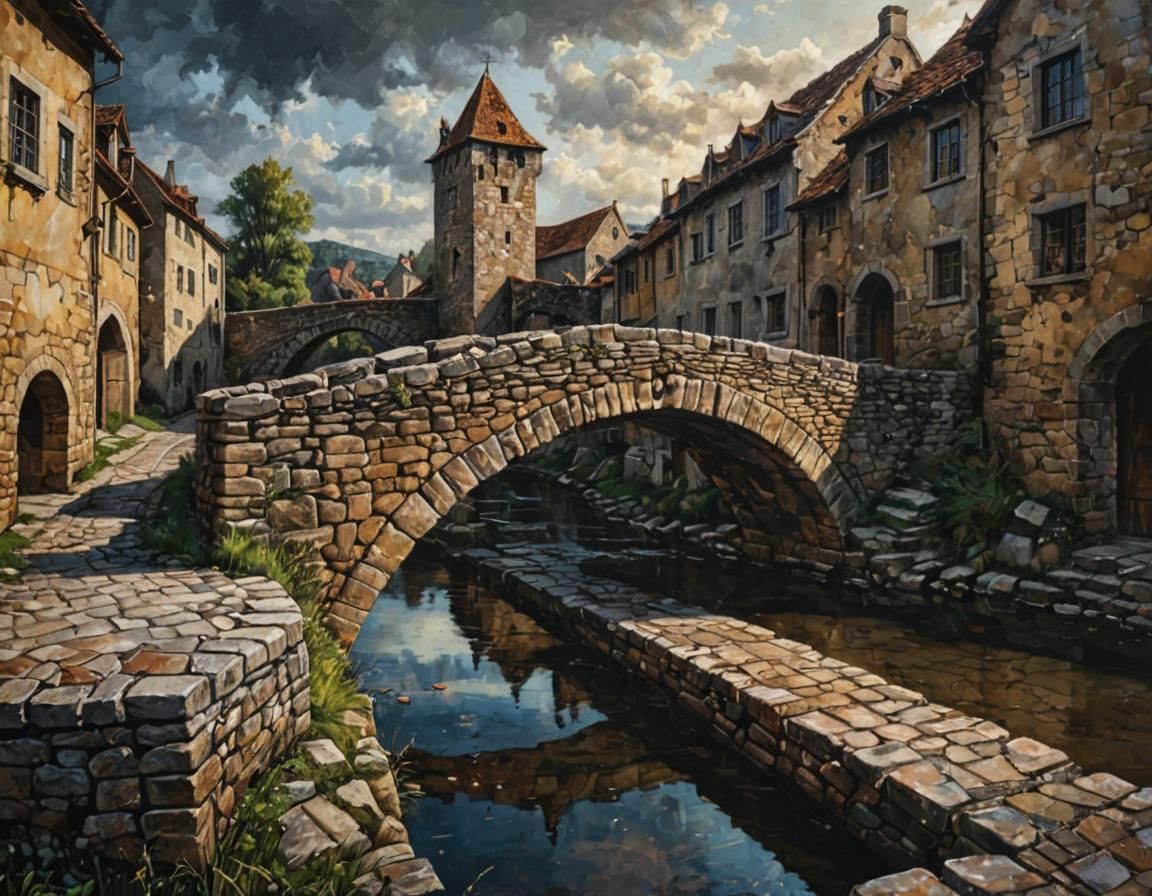Medieval Town Street: Acrylic Painting with Stone Bridge