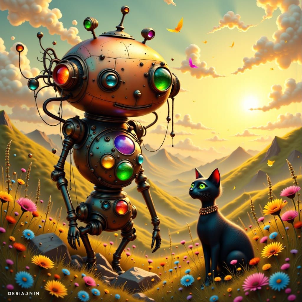 Steampunk Robot in Surreal Landscape with Copper Finish