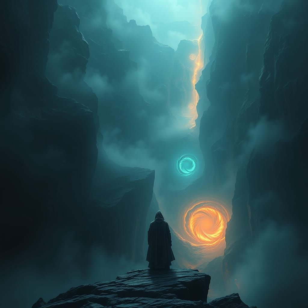 Mystic Figure Contemplates Abyssal Realms in Ethereal Glow