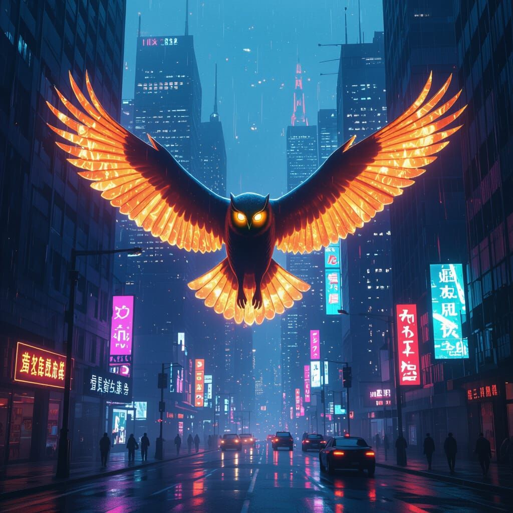 Ghost Owl Soars Through Neon Cyberpunk Cityscape