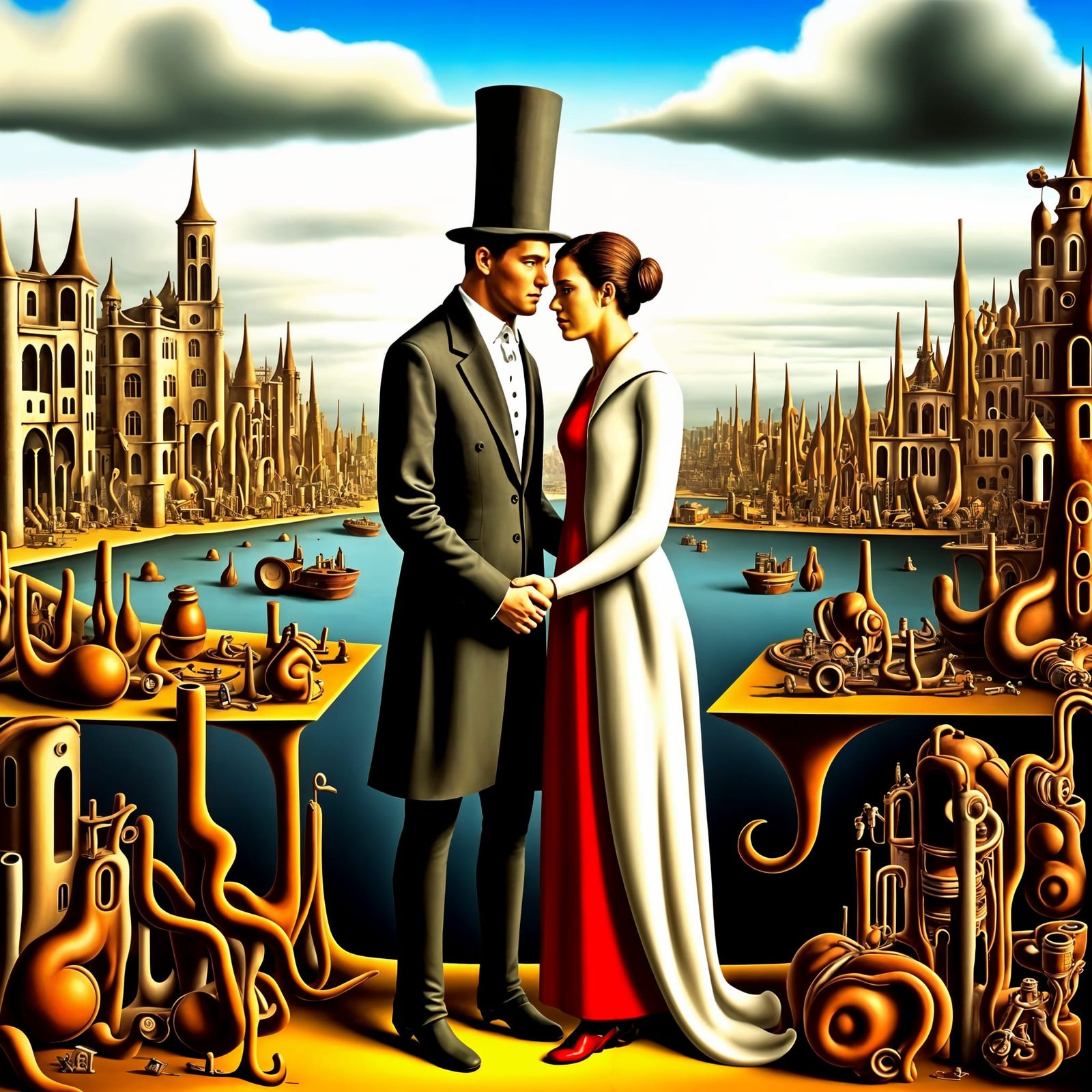 Steampunk surrealism, steampunk couple in a steampunk city. ...