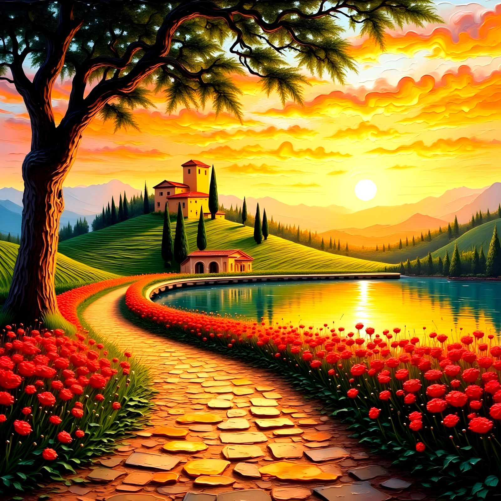 Tuscan Sunset Serenity in Impasto Oil Painting Style