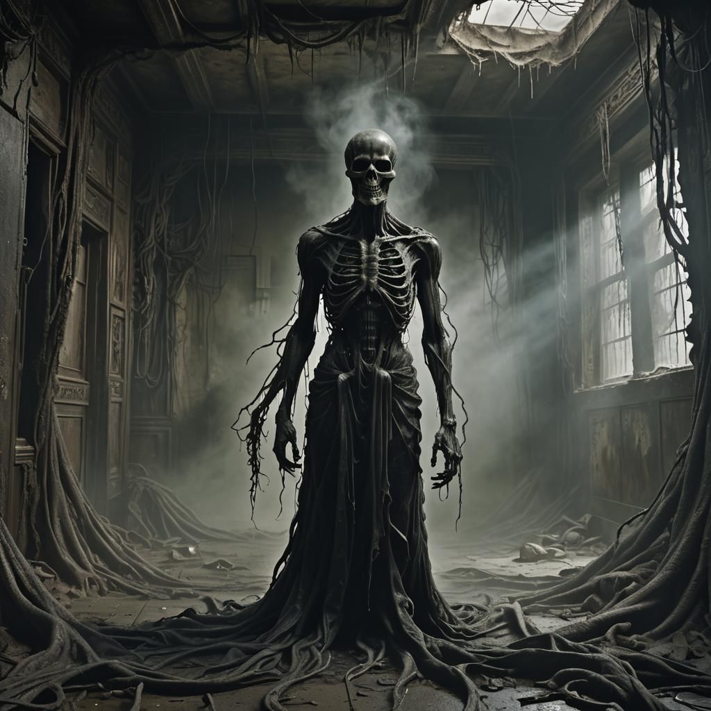 Ethereal Apparition in Decaying Room: Dark Fantasy Art
