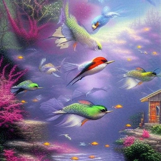 Ethereal Bird-Fish Hybrid in Fantasy Landscape