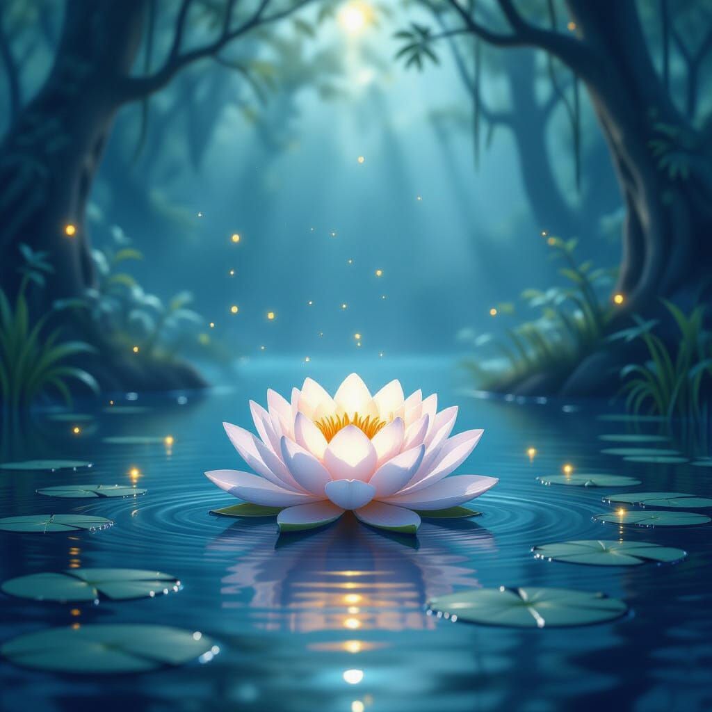 Bioluminescent Lotus Flower on Misty Lake, Dreamy Surrealism