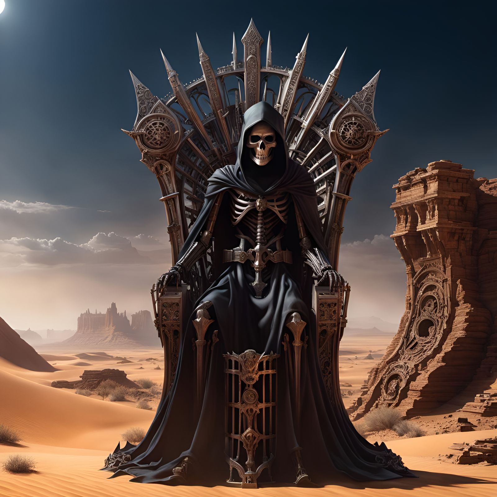 Skeletal Shadow Figure on Metal Throne in Desert