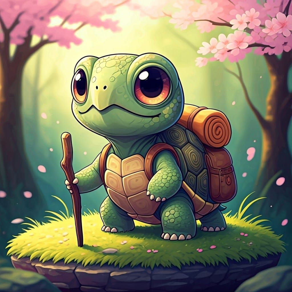 Whimsical Anime-Style Chibi Tortoise in Cherry Blossom Fores...